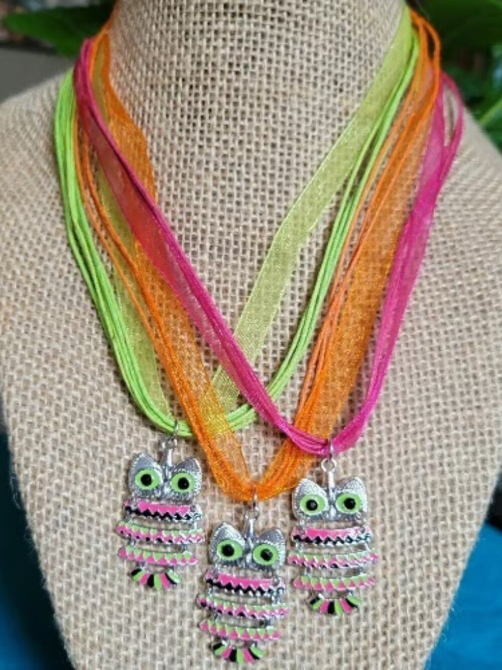 Whimsical Neon Ribbon Necklaces with Pendants